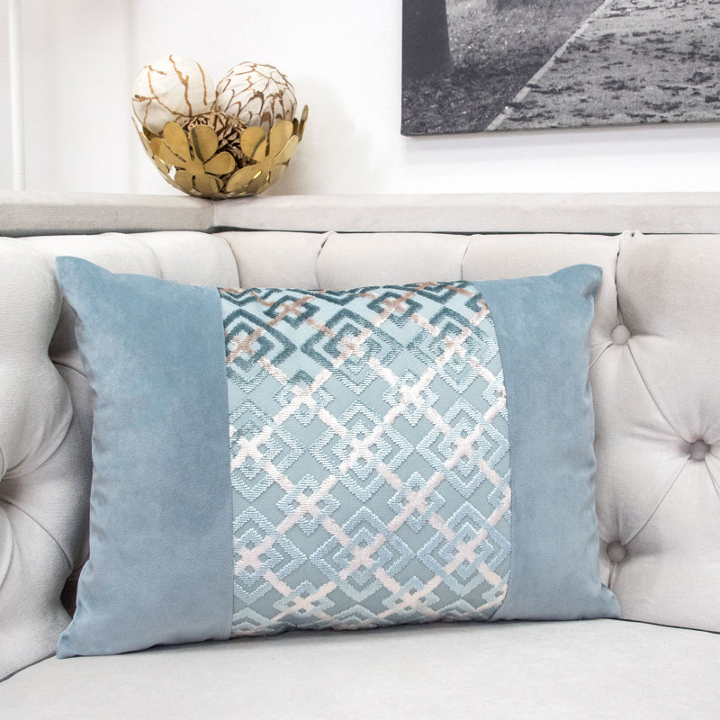  Rectangular Velvet Pillow Cover & Insert, Blue/Gray