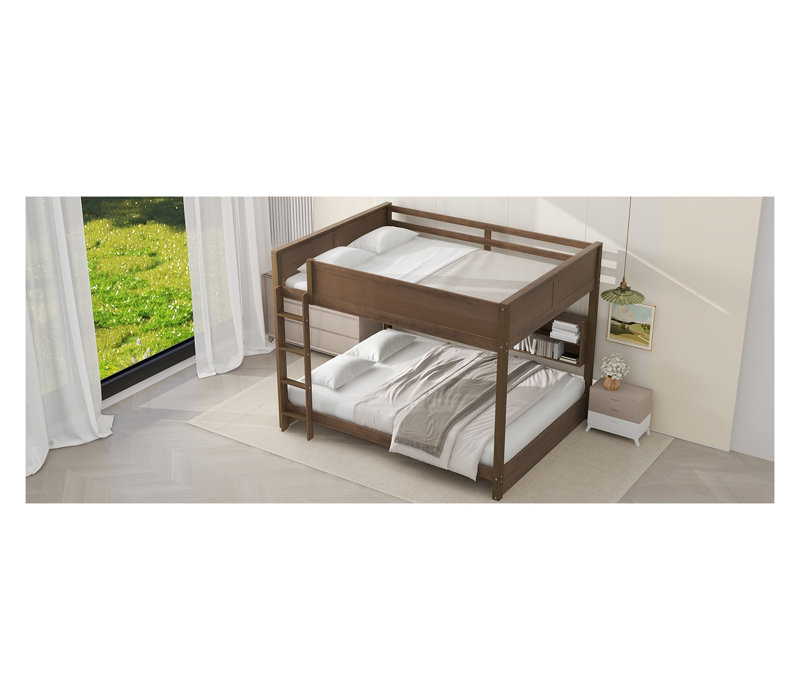 Lit superposé grand sur grand avec tablettes de rangement intégrées, station de charge USB et rails de sécurité, finition bois antique