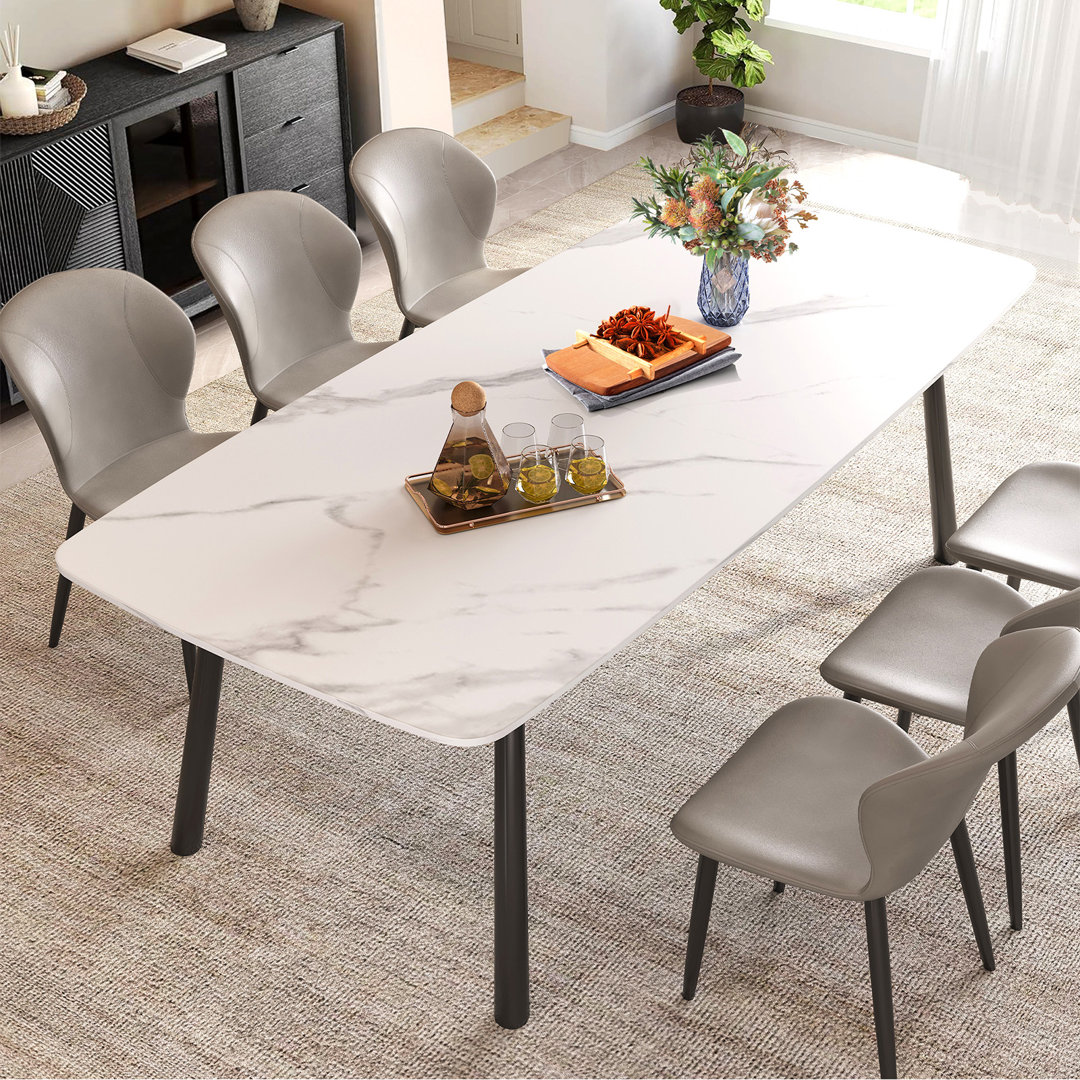 70.9'' Contemporary Dining Table Set, Faux Marble Dining Table for 6-8 People for Living Room, Scratch and Heat Resistant; Upholstered PU Leather Dining 6 Chairs with Ergonomic Backrest Design George Oliver Table Top 