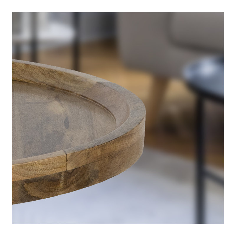 Round Mango Wood Coffee Table with Rimmed Bowl Top & Sturdy Pedestal Base, 27.5” Wide