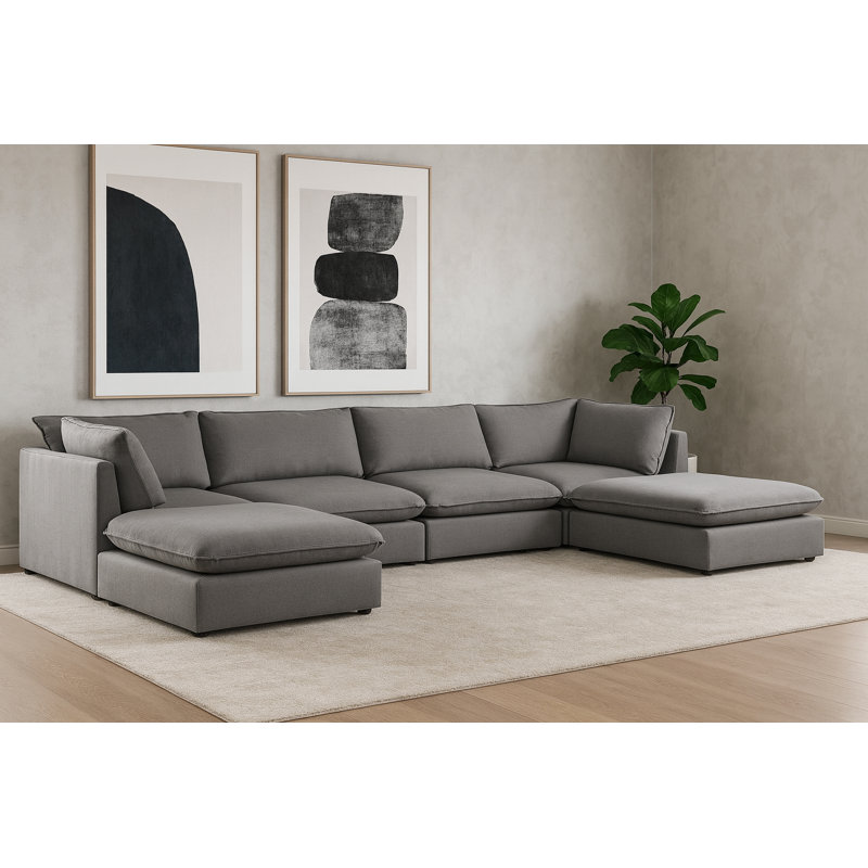 Tupman Upholstered U-Shaped Sectional Reversible, Grey Linen Textured Fabric