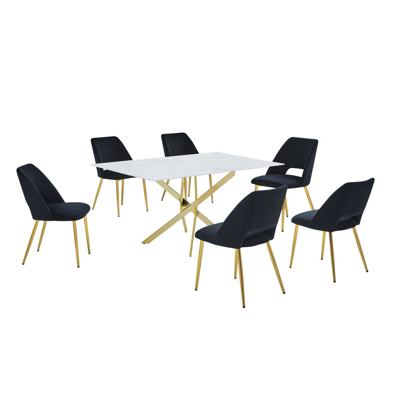 Ensemble de salle à manger en verre avec revêtement en marbre et chaises d'appoint rembourrées, Noir, noir, noir, noir