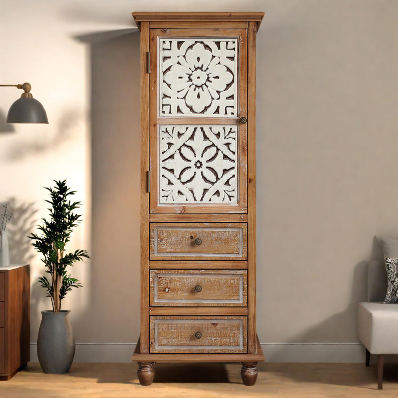 Armoire de rangement haute en bois avec porte découpée et tiroirs, organisateur rétro