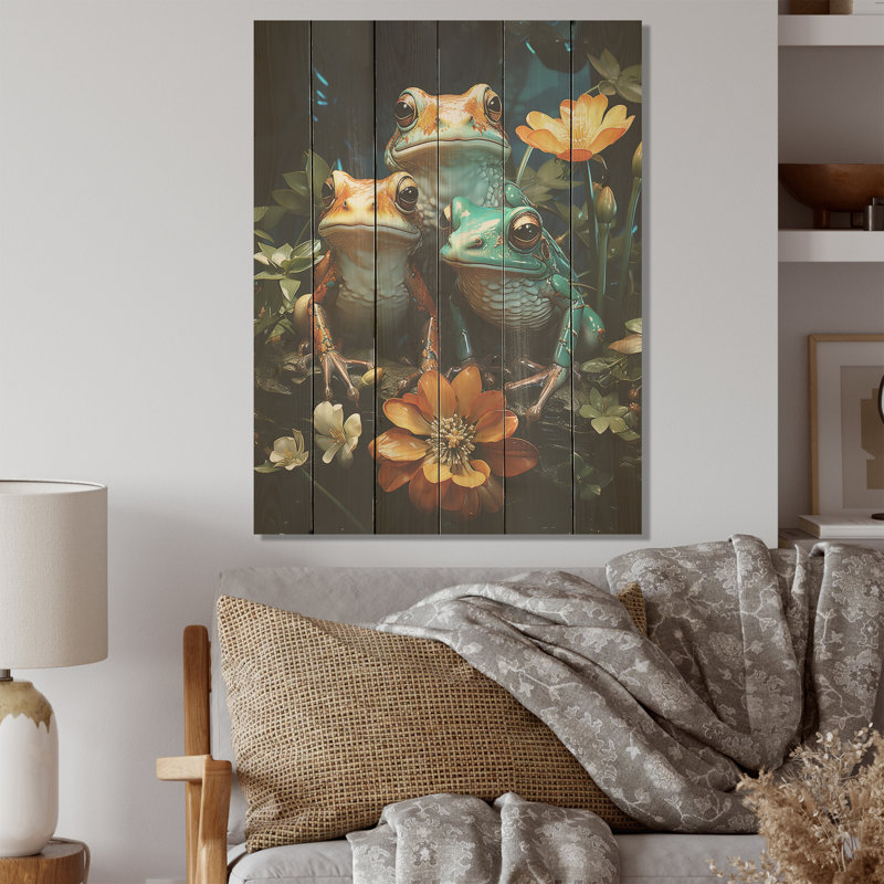 «Emerald Pond Harmony - Frogs & Toads», art mural sur bois de pin naturel, H 20 po x l 10 po