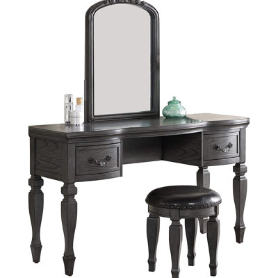 Classic Bedroom Vanity With Solid Wood Construction And Grey Mirror - Padded Stool Luxury Antique White Finish Felt-Lined Elegant