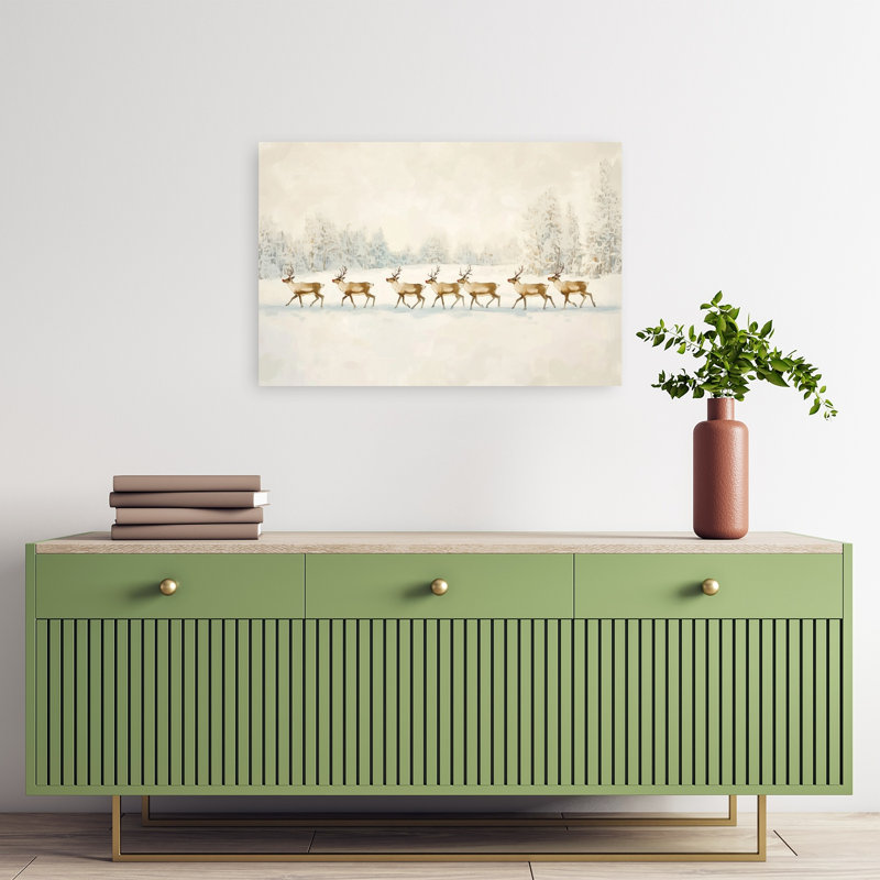 Reindeer In Winter Snow Abstract Contemporary Forest Landscape Wall Art Print 1 Piece Wrapped Canvas Wall Art