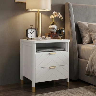 Ensemble de 2 tables de chevet 2 tiroirs Luna, table de chevet avec tiroirs de rangement, table de chevet pour chambre à coucher, table de bout ou table d'appoint pour le salon, P 15,5 po x l 18,9 po x H 23,8 po, blanc / or