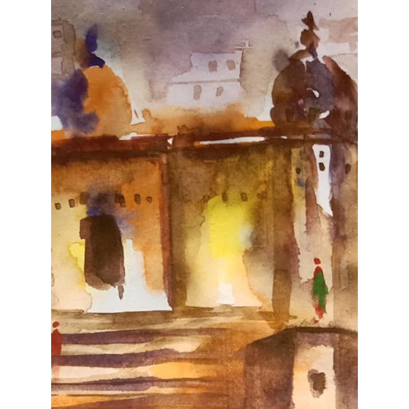 Bateau flottant près du Ghat | Aquarelle sur papier | Par Raj Kumar Singh
