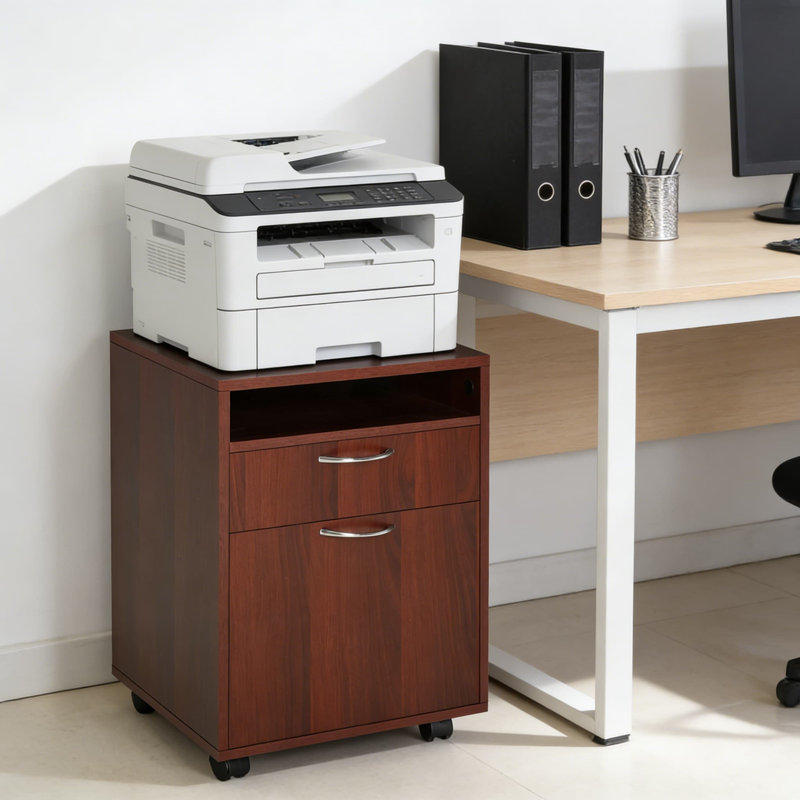 Support d'imprimante mobile avec armoire de rangement et tiroir, organiseur de bureau roulant avec roulettes verrouillables, conception compacte pouvant être placée sous un bureau
