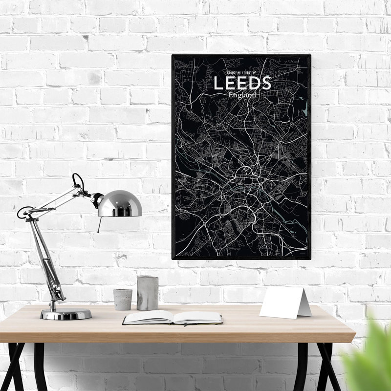 Carte de la ville de Leeds, impression, H 36 po x l 24 po, Gris / noir