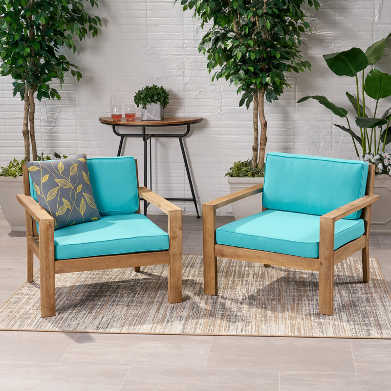 Aylie Acacia Outdoor Lounge Chair, Teal Cushion/Light Brown Frame, Teal Cushion/Light Gray Frame