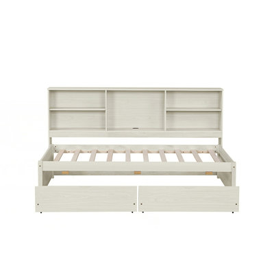Twin Size Bed Frame With Side Bookshelves, Two Drawers And Built-In Usb Port