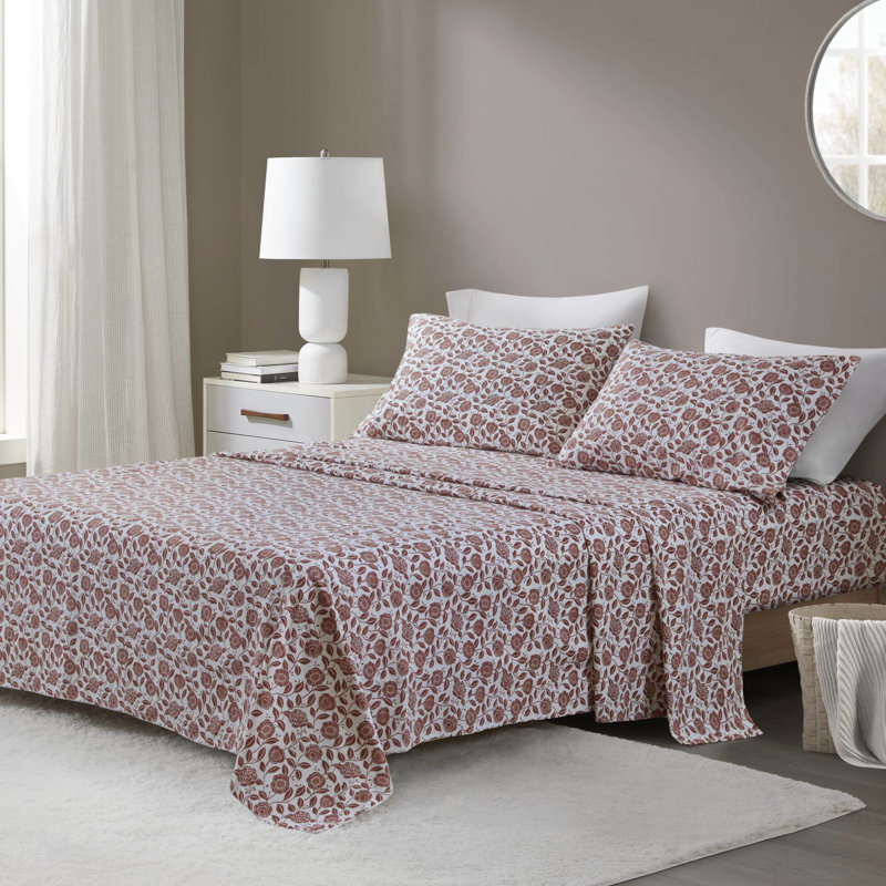 Ensemble de 4 draps 100% coton rouille surdimensionné floral surdimensionné pour matelas de 18 po de douceur avec brossage de qualité supérieure muni d'un élastique pré-rétréci livré à plat 2 taies d'oreiller lavables à la machine