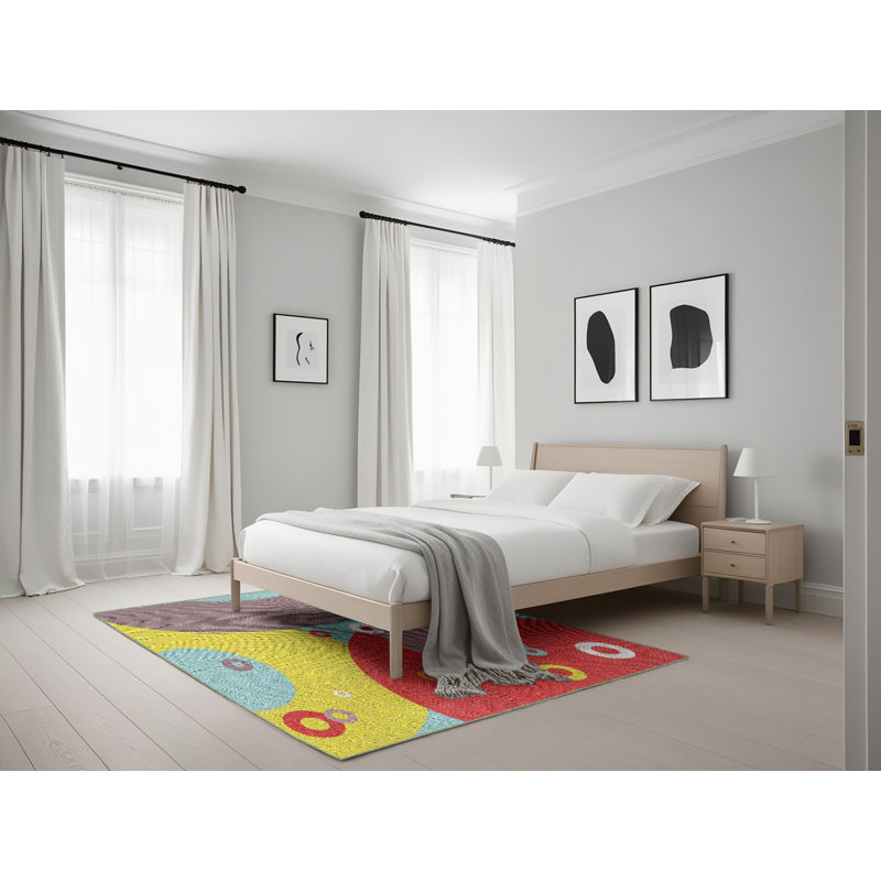 Tapis rouge/jaune/gris à motifs Hotz, Rectangle 5 pi x 7 pi