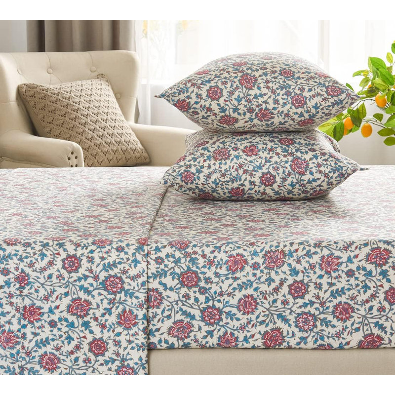 100% Cotton Bedding Printed Sheets Set For Queen Size Bed Up To 14" Deep Mattress, Country Rustic Floral Pattern Bedlinen Sets