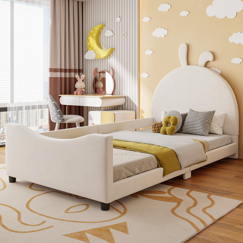Twin Size Upholstered Daybed With Rabbit Ear Shaped Headboard, Beige, Beige