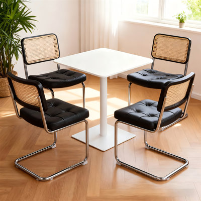 Dining Chairs Set Of 4, Fauex Leather Rattan Side Accent Chairs With Chrome Legs, Modern Mid Century Breuer Designed Chairs, Upholstered Dining Living Room Kitchen Chairs (-4Pcs)