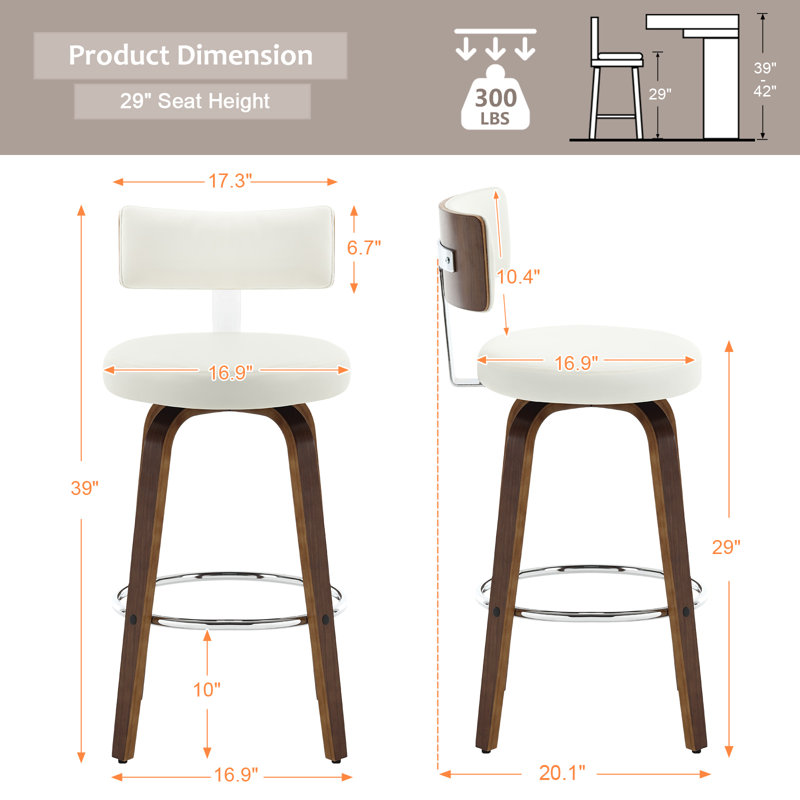 Tabouret de bar et de comptoir Sonja, Tabouret de bar (siège d'une hauteur de 29 po), Siège blanc / cadre brun