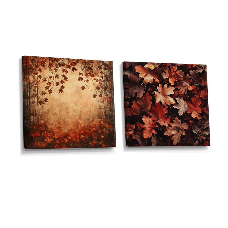 «Red Falling Oak Leaves I» - art mural feuilles - ensemble d'art mural traditionnel 2 pièces, 16" H x 33" W