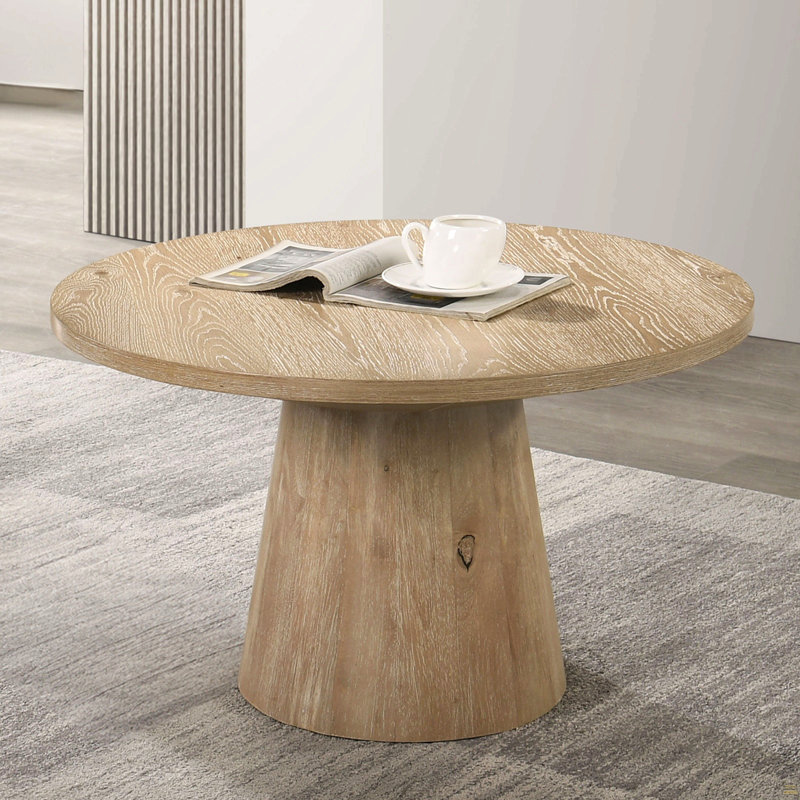 Table basse ronde avec structure en bois d'hévéa, Chêne