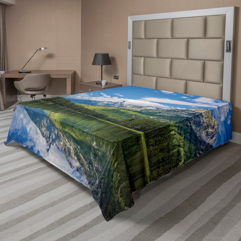 Ambesonne, nature, plateau, drap plat, montagne, lac, paysage, bleu, blanc, vert, Drap plat pour très grand lit californien