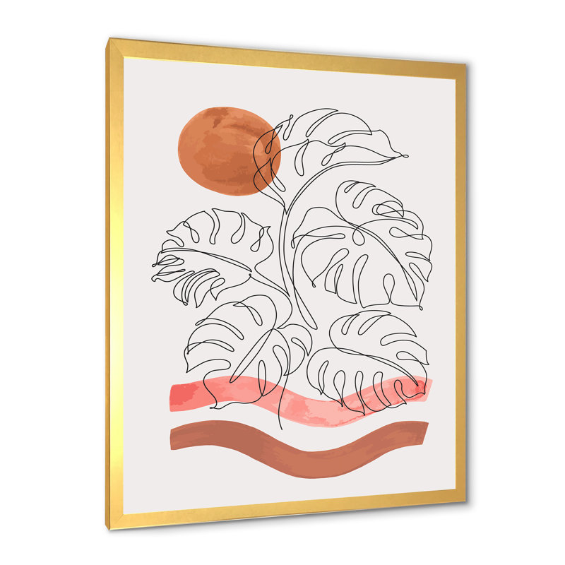 One Line Tropical Leaf Plant - Peinture sur toile, H 32 po x l 16 po x P 1 po, Cadre doré