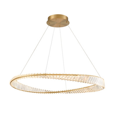 Aged brass finish LED pendant featuring twisted metalwork adorned with rectangular crystals