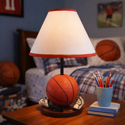 Basketball Table Lamp With White Fabric Shade, Sports Fans Brown 16 Inch