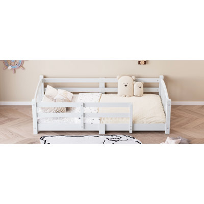 Twin Montessori Floor Bed with Slats and Safety Guardrails, Solid Wood Floor Bed with Fence and Without Door, Easy Assemble Montessori Bed for Girls and Boys, White