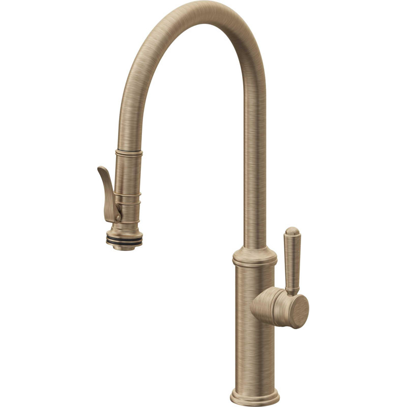 Davoli Pull-Down Kitchen Faucet with Squeeze Sprayer - High Arc Spout, Antique Brass Flat, Modern Lever