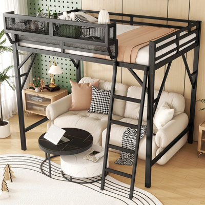 Grand lit mezzanine avec échelle, grand lit mezzanine en métal avec tablettes de rangement