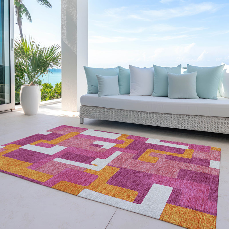Pink Geometric Machine-Washable Rectangular Indoor/Outdoor Rug