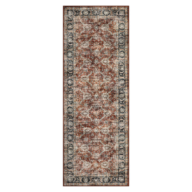 Vintage Area Rugs Floral Print Floor Carpet with Non-Slip Backing Oriental Distressed Indoor Mat Stain-Resistant Low Pile Accent Rug for Bedroom Kitchen Laundry