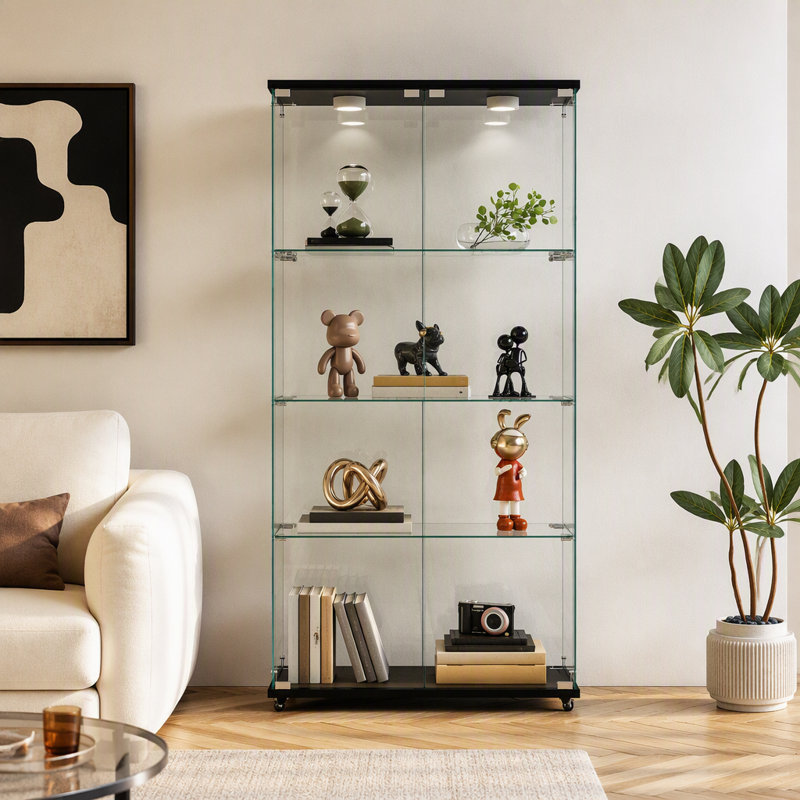 Vitrine moderne en verre avec lumières DEL, armoire antique à assemblage rapide, bibliothèque en verre trempé, Noir