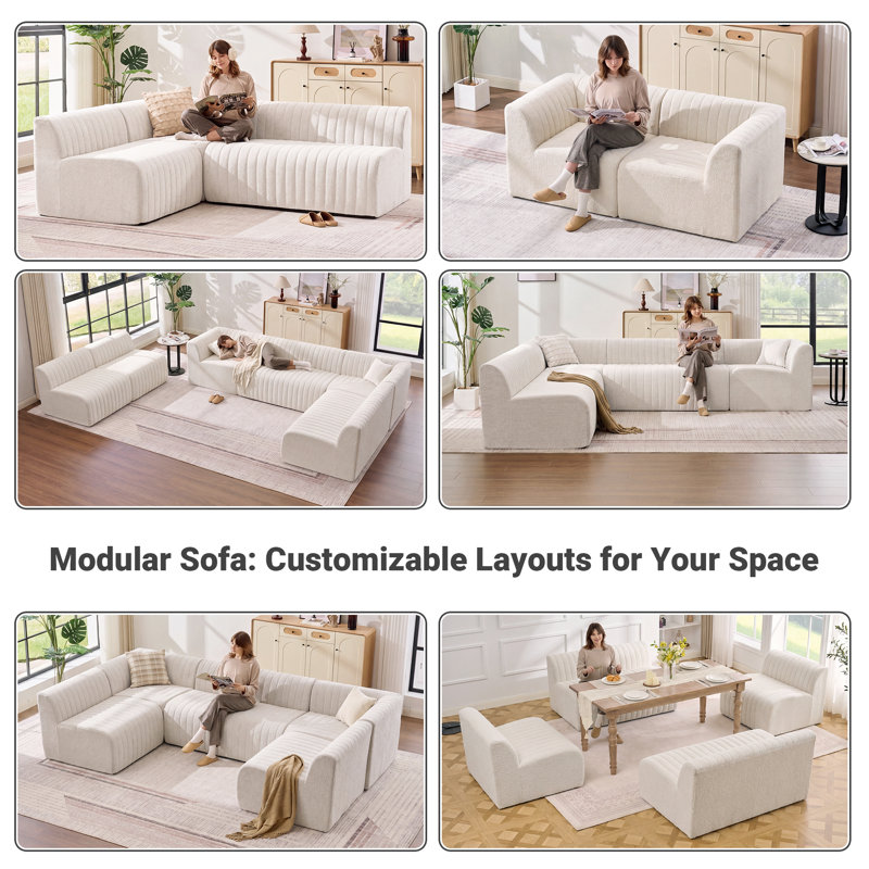6 Pieces Upholstered Sectional Modern Compression Chenille Modular Sofa Set With Corner Armless Sofa, Beige Chenille