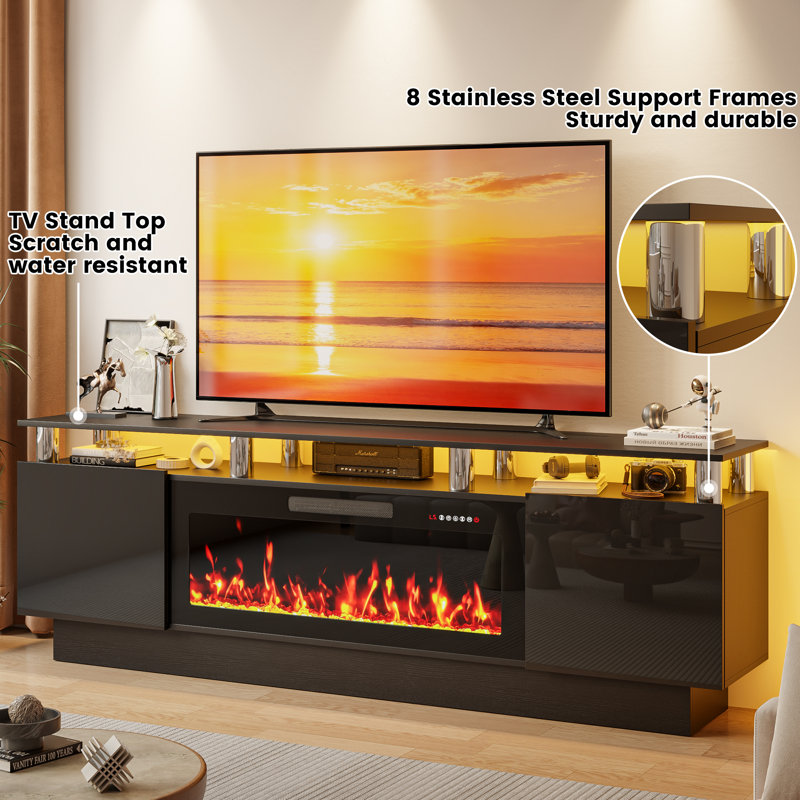 Alazik TV Stand with Electric Fireplace, Black/Silver, Black, 24”H x 14”L x 70”W