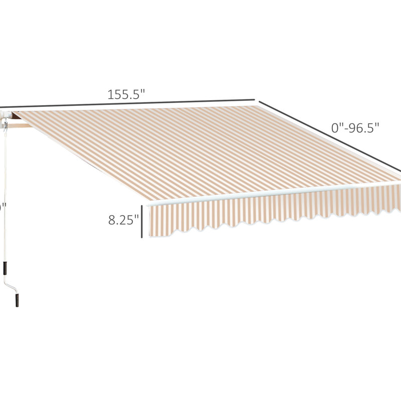 Auvent de balcon 13 pi x 8 pi - Protégé, eau, manivelle manuelle, cadre en aluminium pour terrasse, cour, auvent rétractable de parasol de patio beige à rayures, avec et tissu d'eau, cour