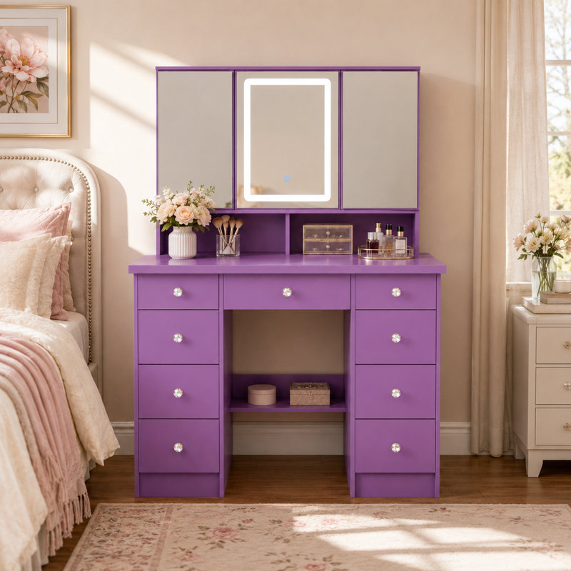 Meuble-lavabo à trois volets avec lumière DEL - 9 tiroirs, finition mauve, l 43,3 po