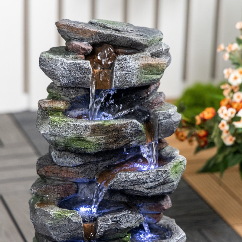  Fontaine de jardin en pierre à 5 niveaux avec lumière H 23,62 po