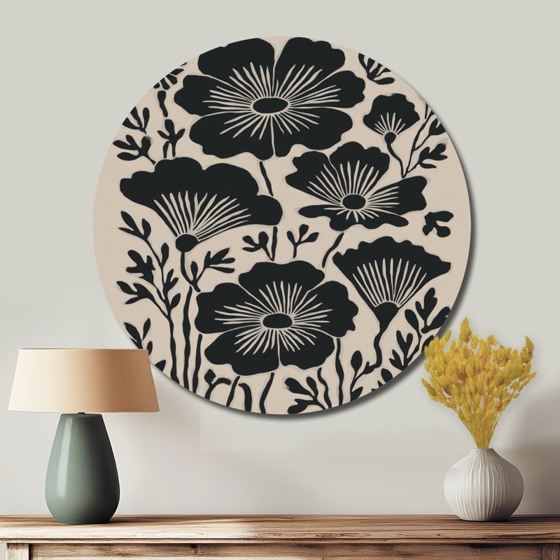 Bleuet Meadows dans des tons de noir et de beige - Décoration murale ronde en métal bleuet, L 16 po x H 16 po