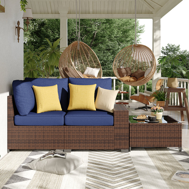 2 -Person Rattan Patio Safo With Cushions, Brown, Navy