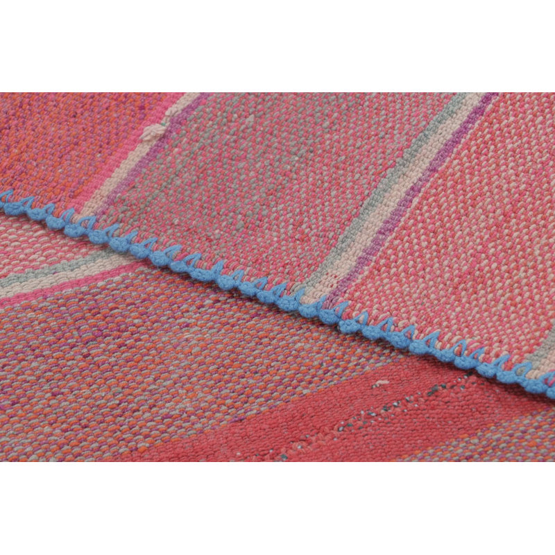 Vintage Frazada Square Kilim In Pink Striped Geometric Pattern - Rug & Kilim
