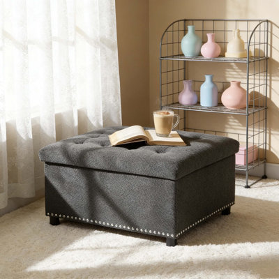 Square Dark Grey Tufted Storage Ottoman With Nailhead Trim - Upholstered Footstool & Coffee Table For Living Room & Bedroom