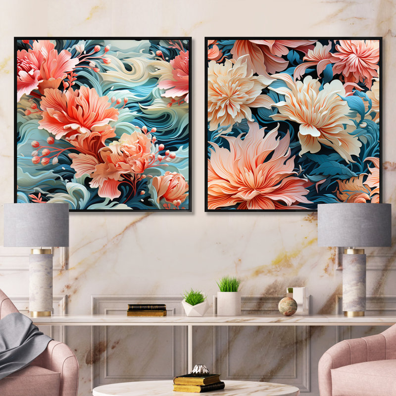 Midland - Ensemble de 2 collages carrés floraux, Cadre flottant noir, H 16 po x l 33 po