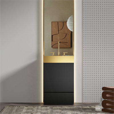 Meuble-lavabo rayé noir mat de 20 po Gada avec lavabo intégré en acier inoxydable brossé, armoire de salle de bain autoportante pour salle de bain moderne, lavabo en métal doré une pièce sans robinet, KD