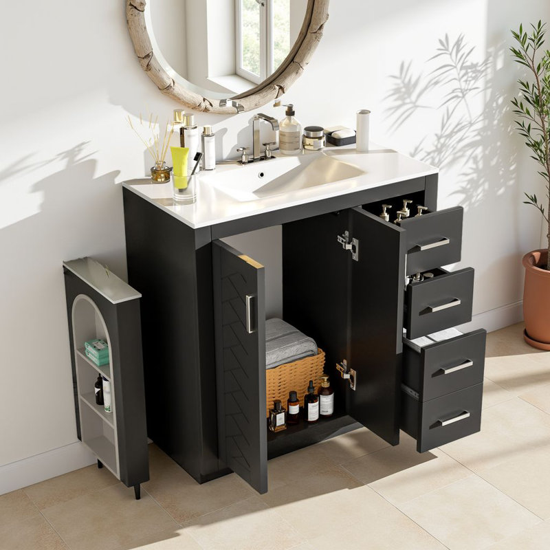 Ensemble de meuble-lavabo autoportant 36 po avec lavabo en céramique, armoire de rangement avec portes à fermeture douce et 3 tiroirs profonds 36 po