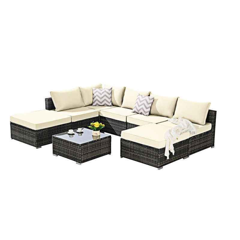 Ensemble de conversation pour l'extérieur 8 pièces avec coussins lavables, Beige
