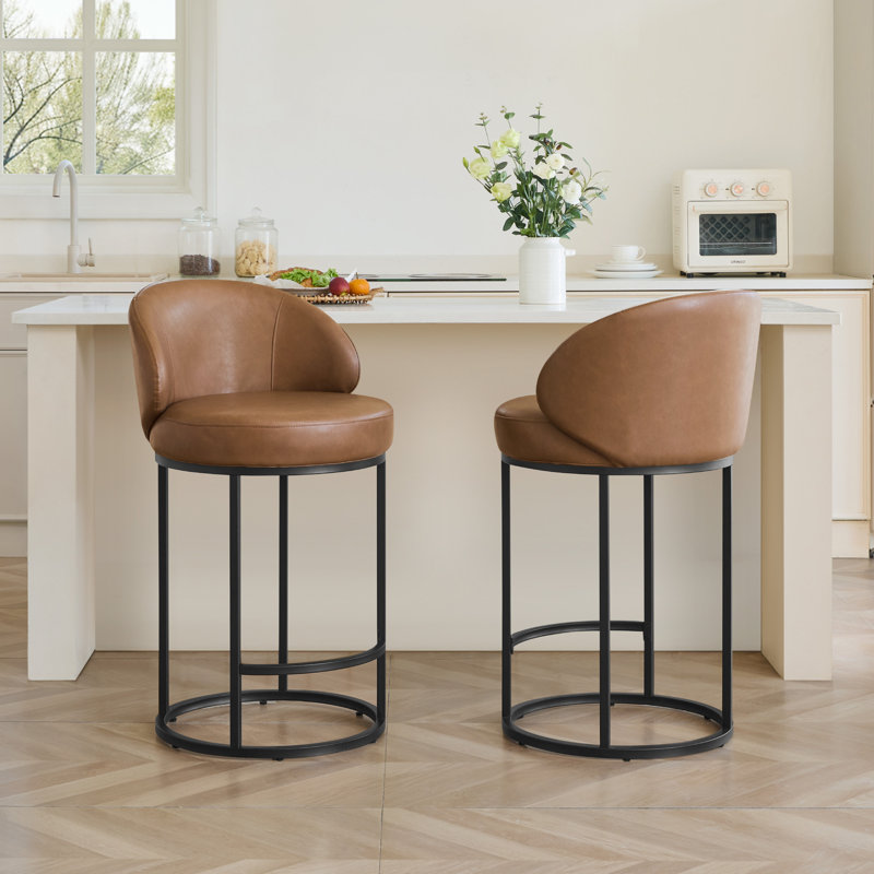 Angelick 27" Swivel Counter Stool With Cylindrical Metal Frame, 2, Saddle Brown Seat/Matte Black Frame
