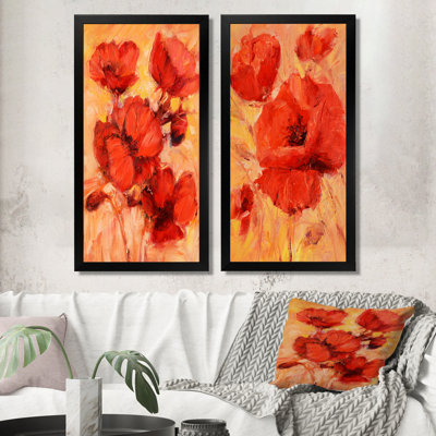 «Red Blooming Poppies VII», ensemble de 2 peintures sur toiles