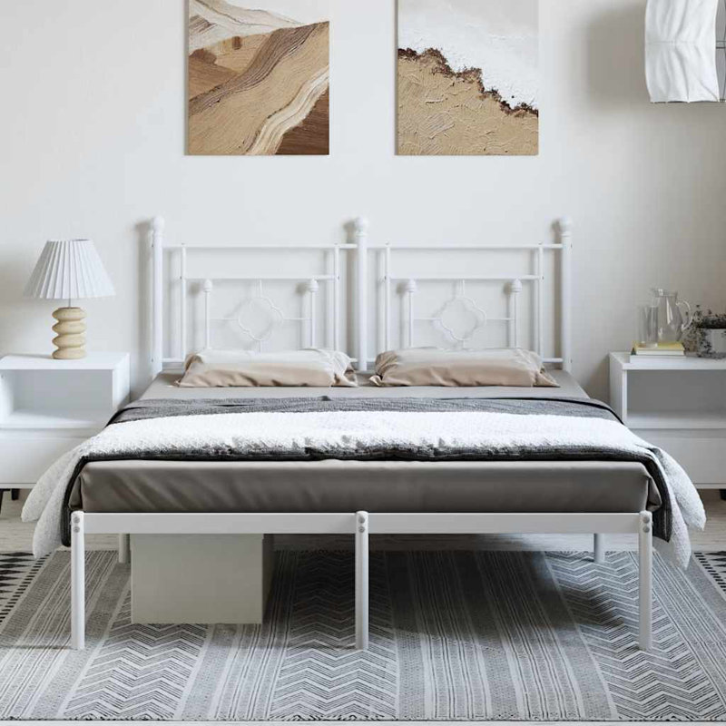 Cadre de lit en métal avec tête de lit Ibraheem, rangement sous le lit, silencieux, sans matelas, Très grand, Blanc